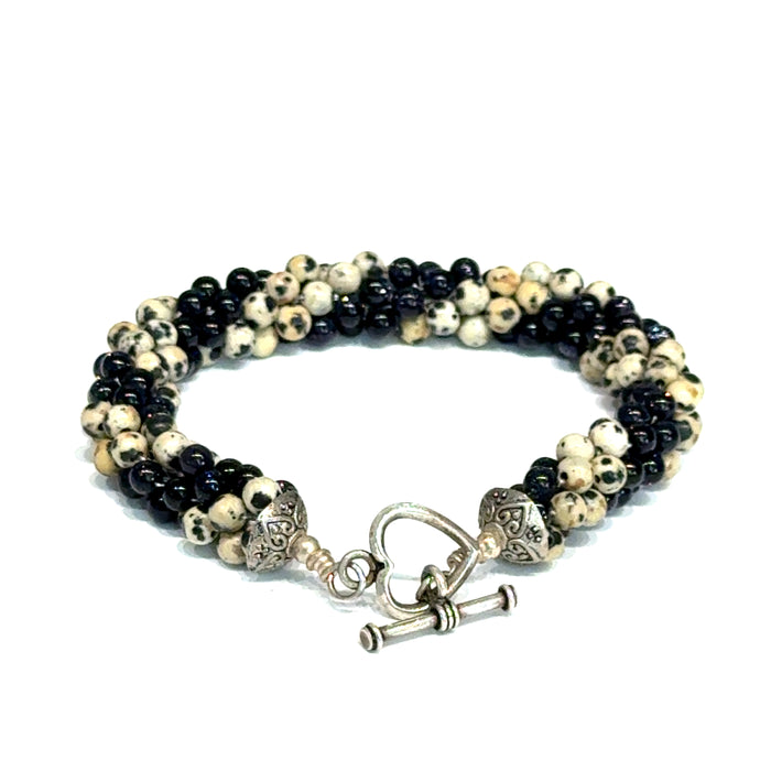 Dalmatian Jasper & Blue Goldstone Spiral Crochet Bracelet | 7" Sterling Silver