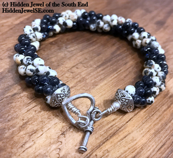 Dalmatian Jasper & Blue Goldstone Spiral Crochet Bracelet | 7" Sterling Silver