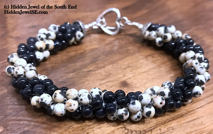 Dalmatian Jasper & Blue Goldstone Spiral Crochet Bracelet | 7" Sterling Silver