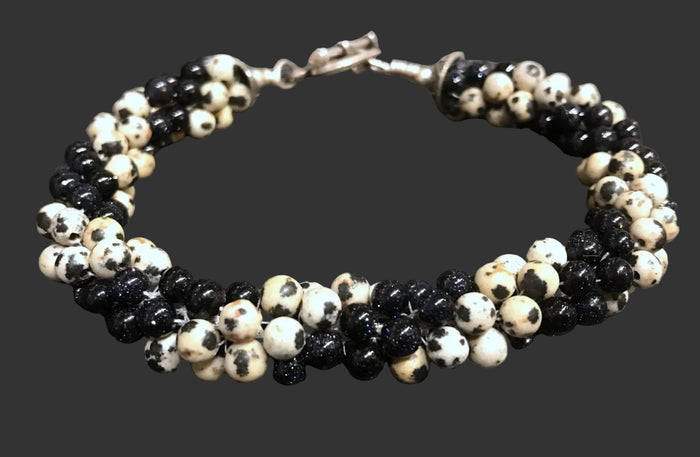 Dalmatian Jasper & Blue Goldstone Spiral Crochet Bracelet | 7" Sterling Silver