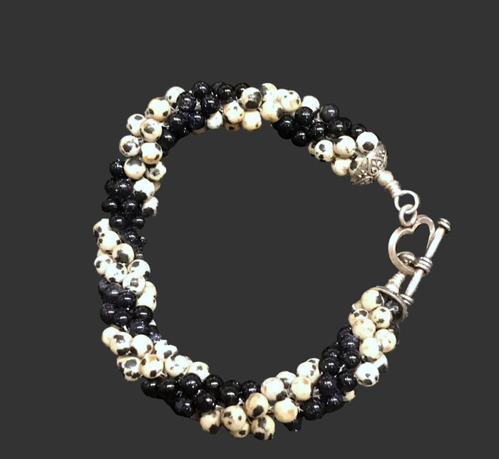 Dalmatian Jasper & Blue Goldstone Spiral Crochet Bracelet | 7" Sterling Silver