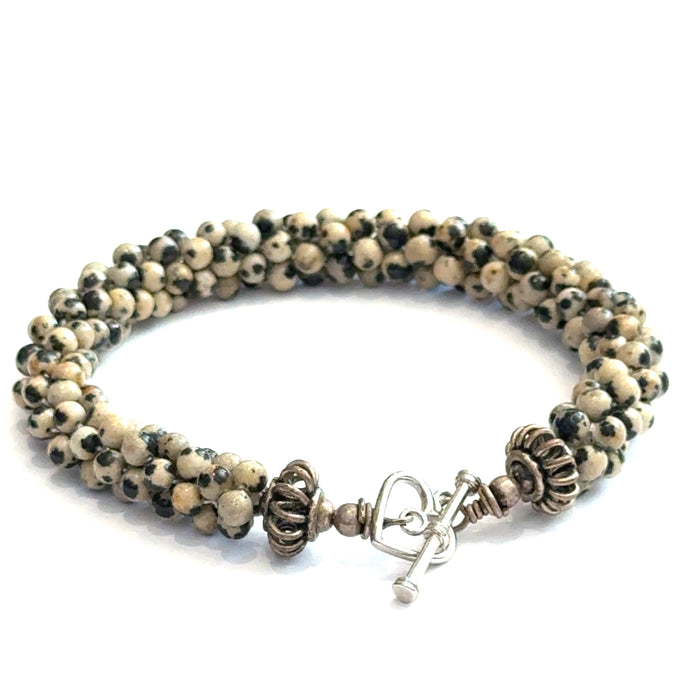 Dalmatian Jasper Gemstone Crocheted Bracelet Playful Spirit. Grounded Soul.