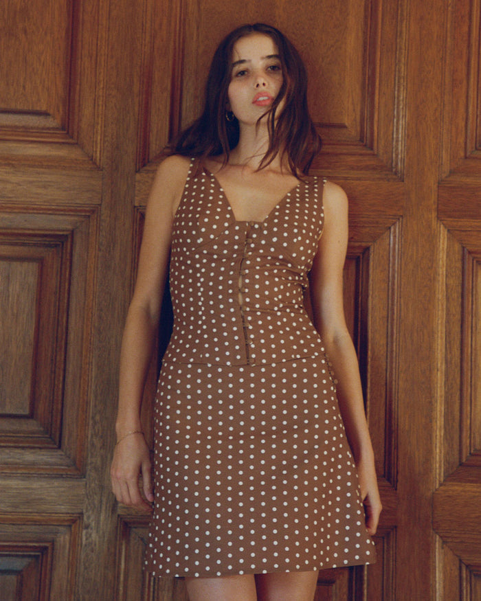 Darci Top in Maple brown polka dot button up top with plunge neckline and thick straps