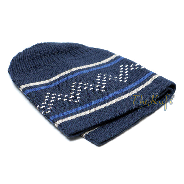 Dark Blue Gray Stripe Stretch-Knit Zigzag Kufi Hat Skull Cap Beanie
