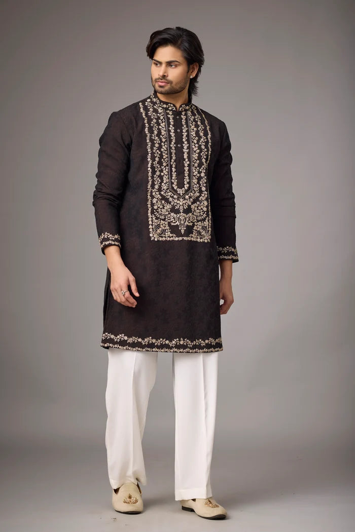 Dark Brown Floral Heritage Embroidered Kurta Set for Men | Mahavir NX