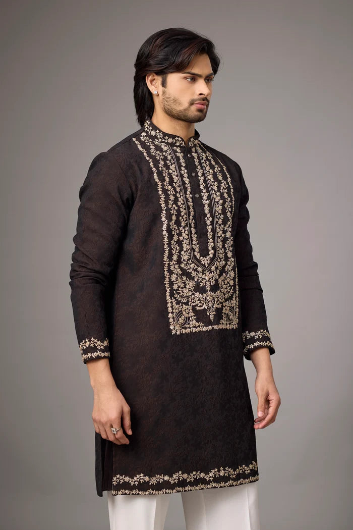 Dark Brown Embroidered Heritage Kurta – Festive & Reception Wear | Mahavir NX