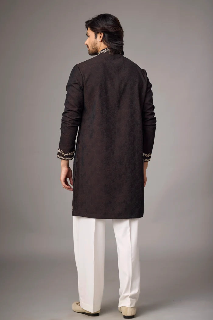 Dark Brown Floral Heritage Kurta Pajama Set – Front View | Mahavir NX