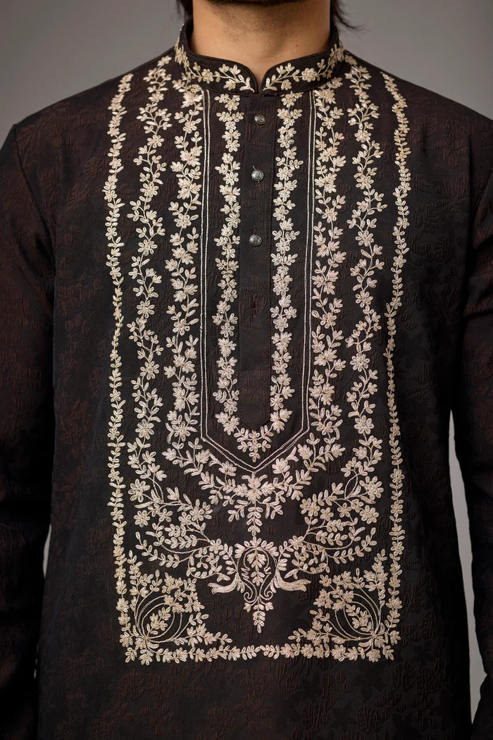 Dark Brown Floral Heritage Kurta Set for Men – Full Length View | Mahavir NX