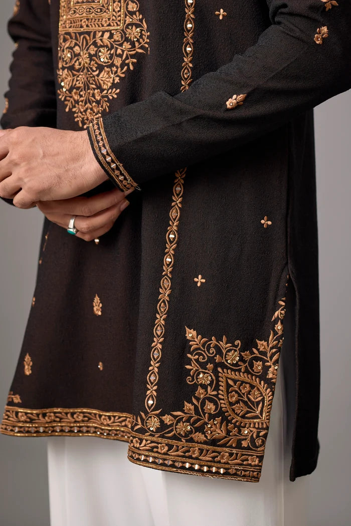 Dark Brown Regal Floral Kurta Set for Men – Full Length View | Mahavir NX