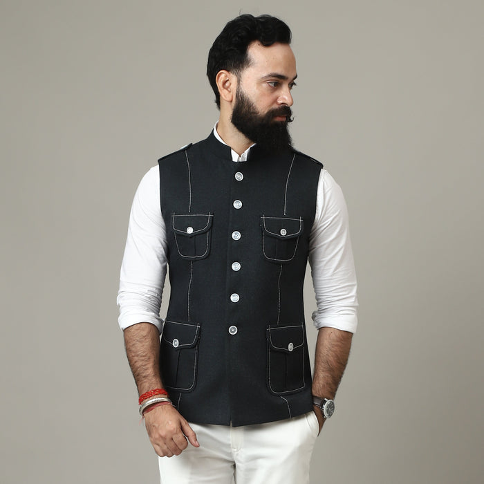 Dark Green Tweed Semi-Hunting Waistcoat with Contrast Stitching