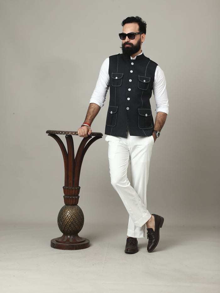 Dark Green Tweed Semi-Hunting Waistcoat with Contrast Stitching