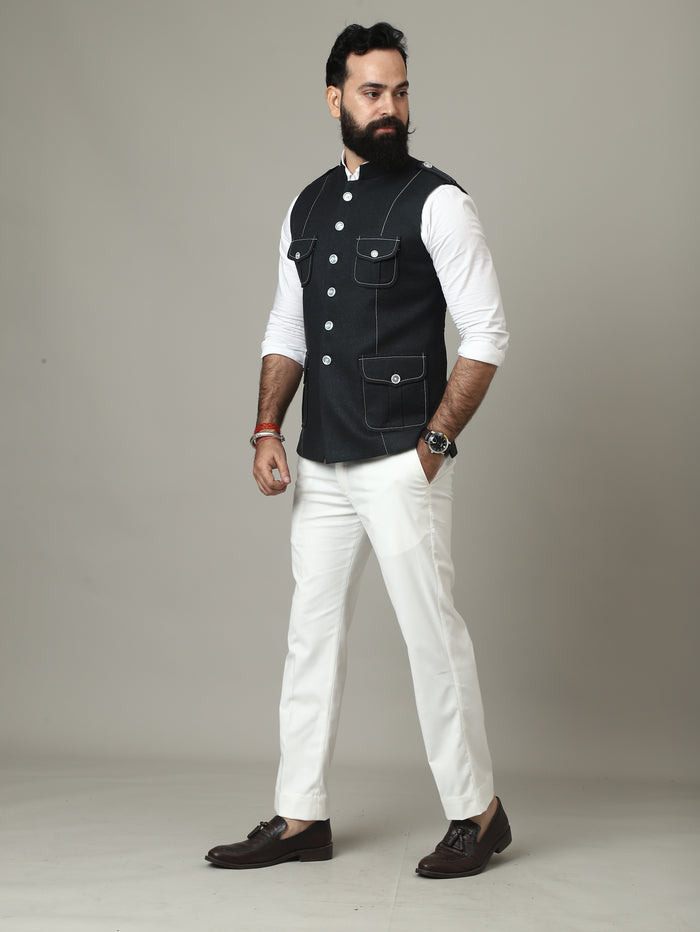 Dark Green Tweed Semi-Hunting Waistcoat with Contrast Stitching