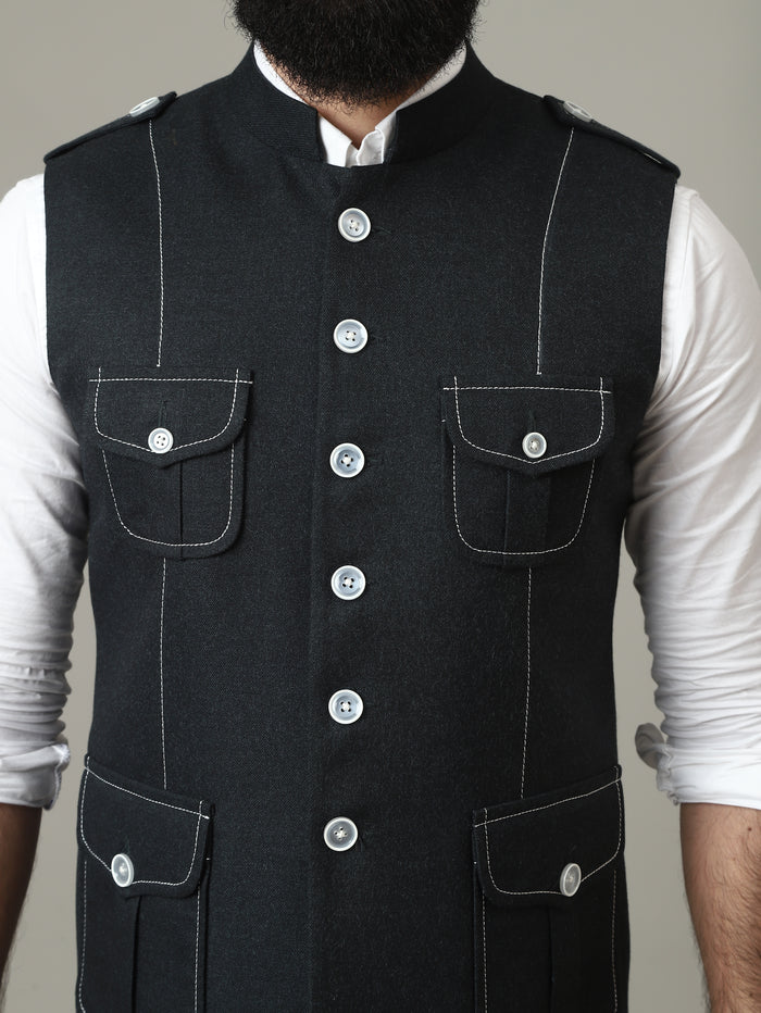 Dark Green Tweed Semi-Hunting Waistcoat with Contrast Stitching