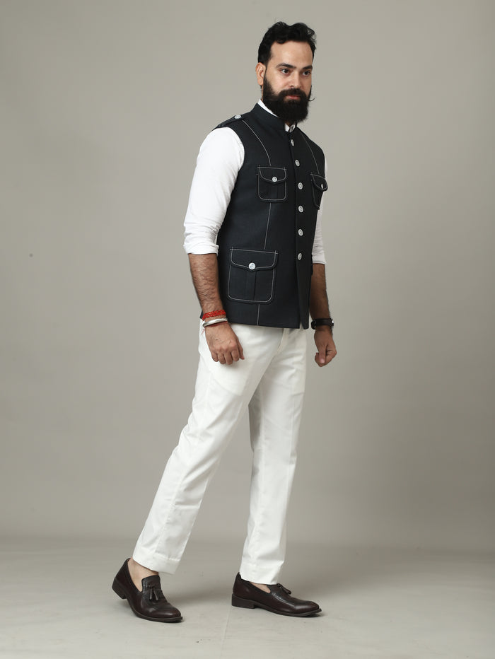 Dark Green Tweed Semi-Hunting Waistcoat with Contrast Stitching