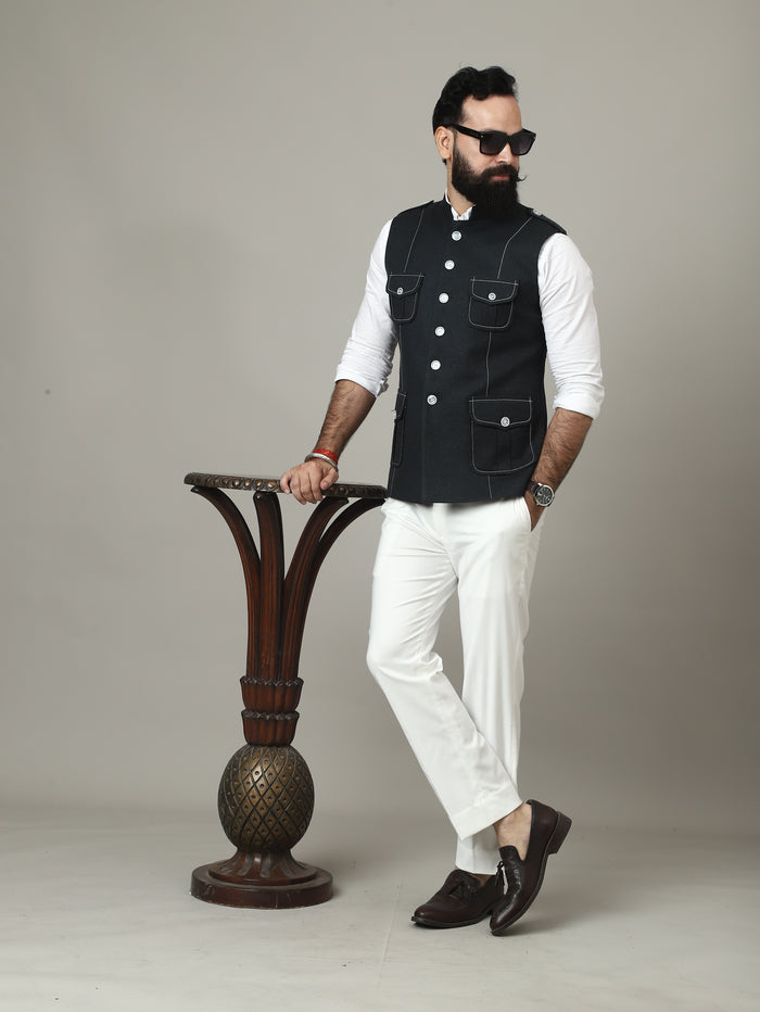 Dark Green Tweed Semi-Hunting Waistcoat with Contrast Stitching