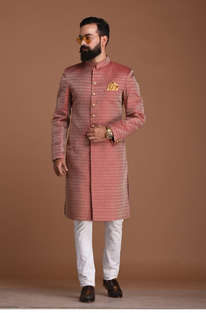 Dark Red Leaf Pattern Handloom Brocade Silk Sherwani