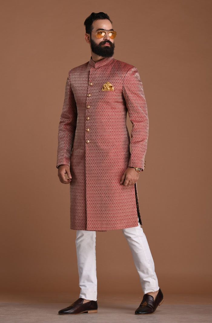 Dark Red Leaf Pattern Handloom Brocade Silk Sherwani
