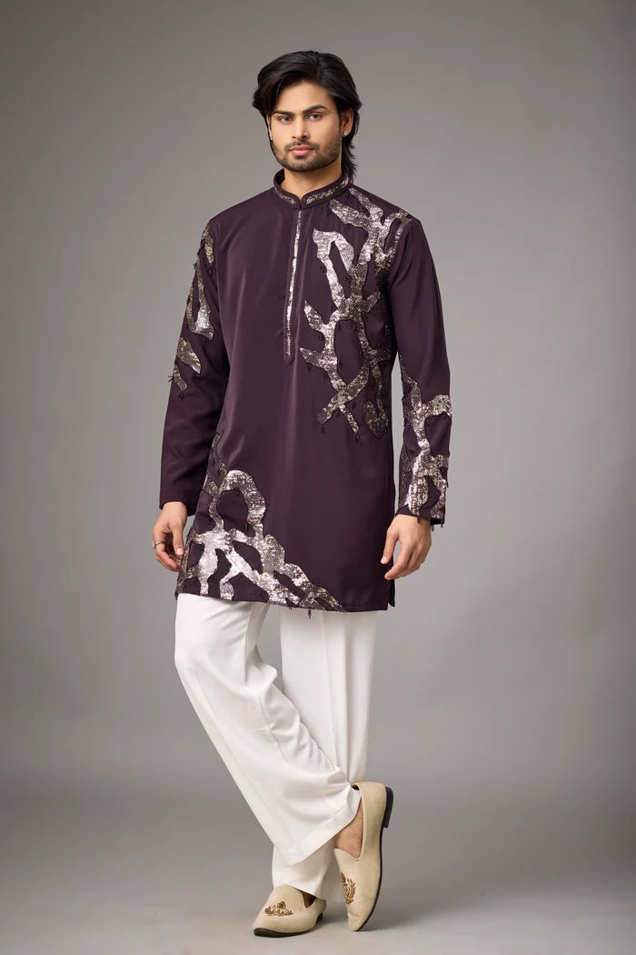 Deep Plum Contemporary Embroidered Kurta Set for Men | Mahavir NX