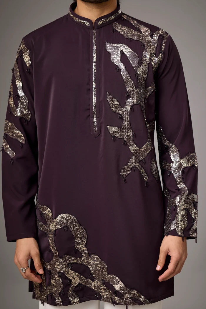 Deep Plum Embroidered Kurta Pajama Set – Front View | Mahavir NX