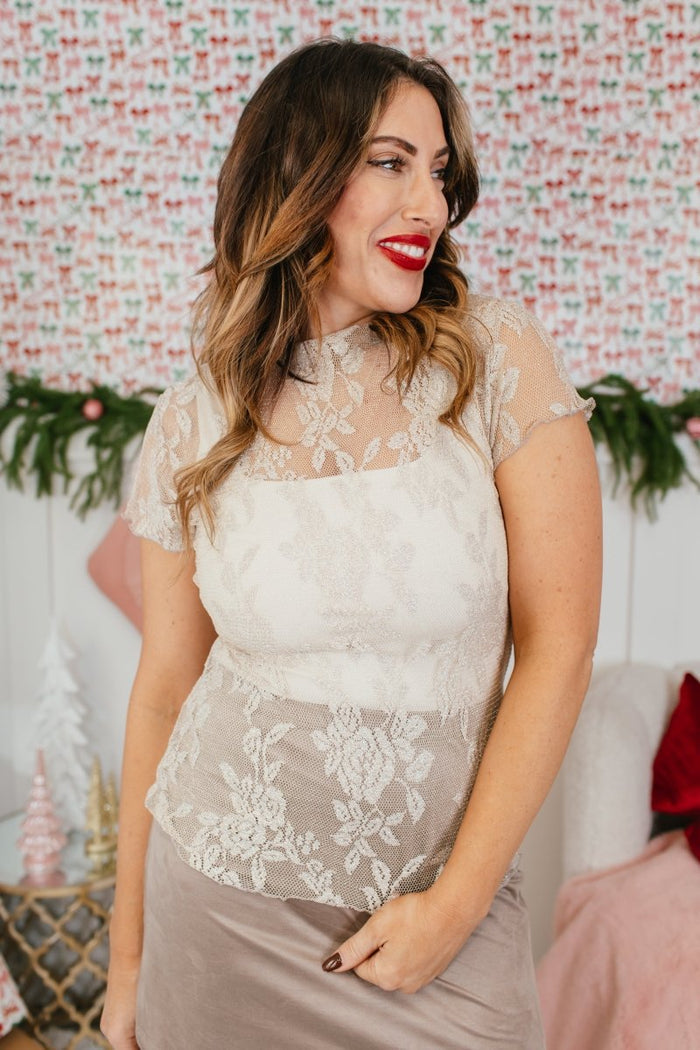 Delicate Details Top In Nude Shimmer Lace - Reg & Curvy - Macoma Boutique100 Short Sleeve
