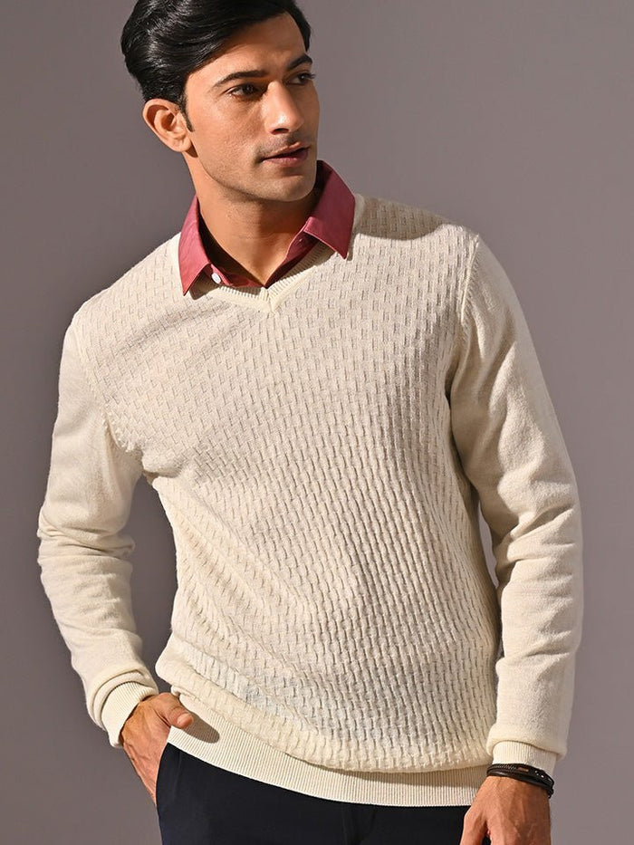 Den White V-Neck Full Sleeve T-shirt/Sweater