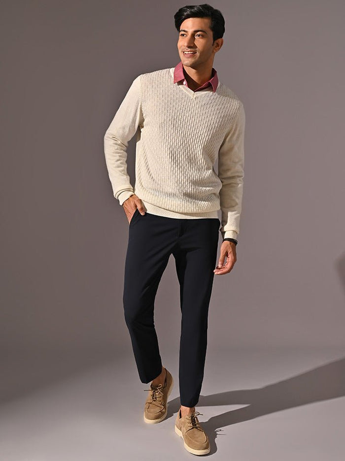 Den White V-Neck Full Sleeve T-shirt/Sweater