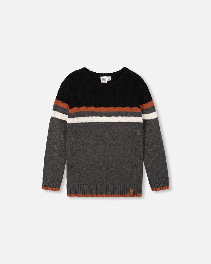 Deux Par Deux Color Block Cable Sweater Grey