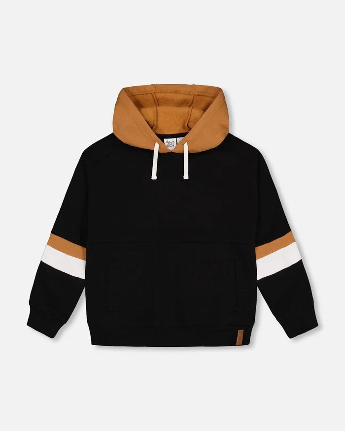Deux Par Deux Fleece Hoodie With Quilted Pocket Black