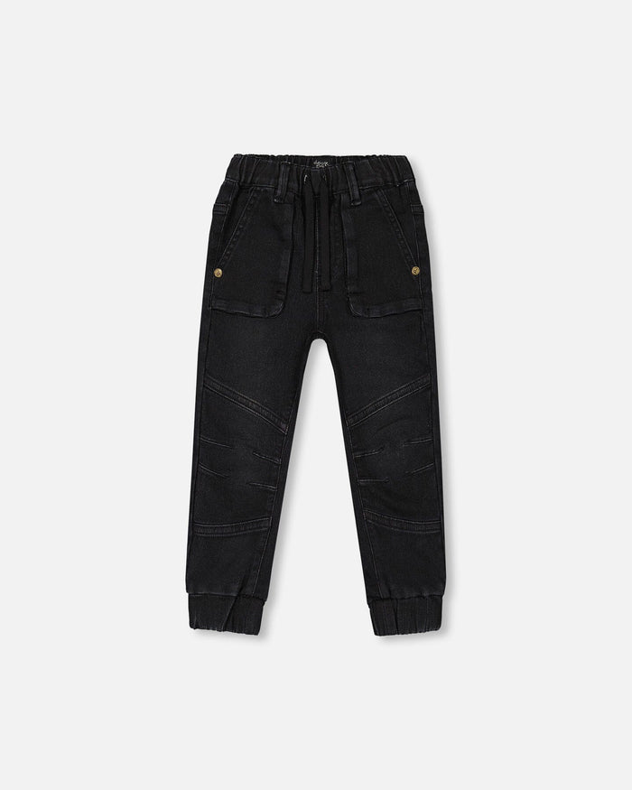 Deux Par Deux French Terry Denim Joggers  - Black Denim Textured