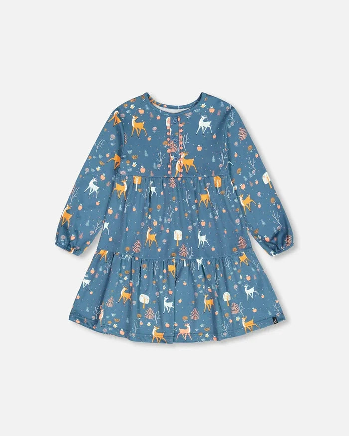 Deux Par Deux Half Button Long Sleeve Dress - Apples & Deers