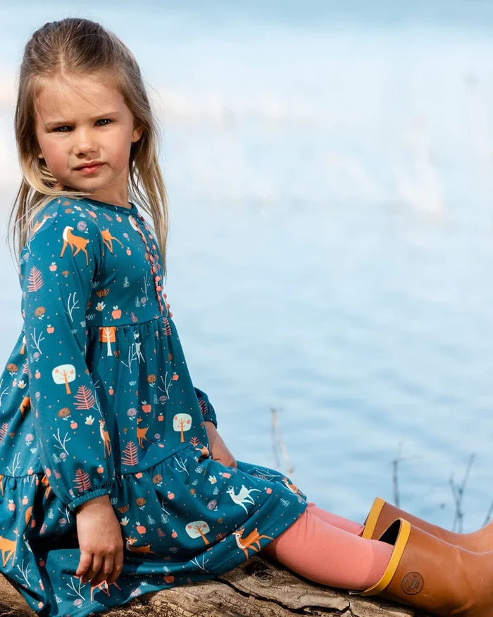 Deux Par Deux Half Button Long Sleeve Dress - Apples & Deers