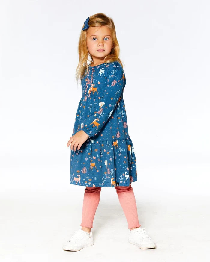Deux Par Deux Half Button Long Sleeve Dress - Apples & Deers