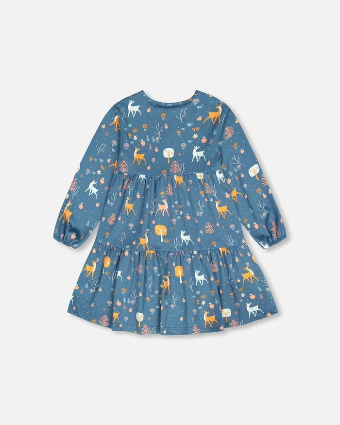 Deux Par Deux Half Button Long Sleeve Dress - Apples & Deers