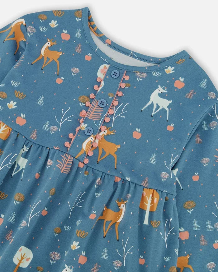 Deux Par Deux Half Button Long Sleeve Dress - Apples & Deers