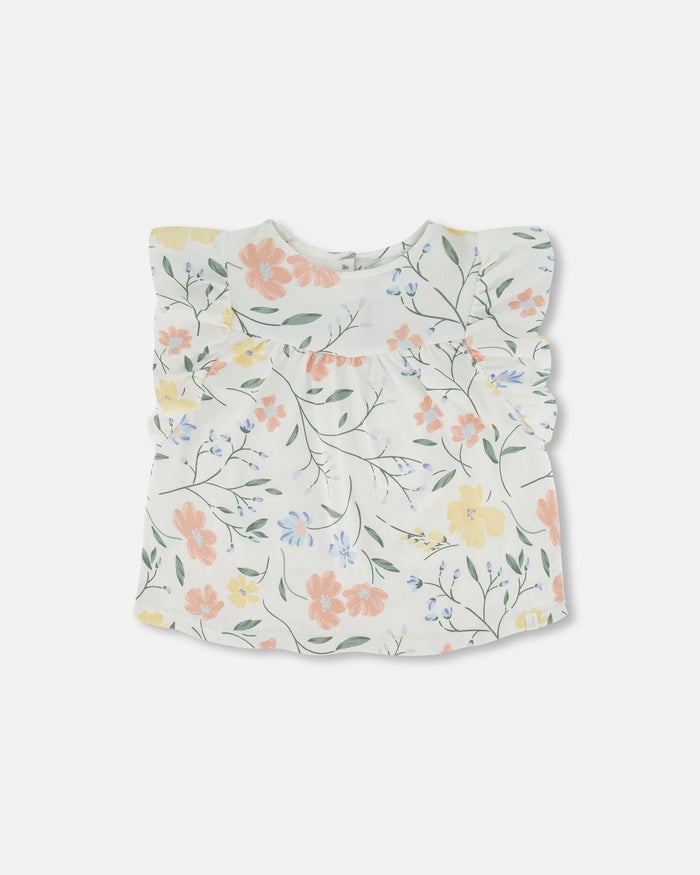 Deux Par Deux Jersey Top With Frill Sleeves - Printed Off White Flowers