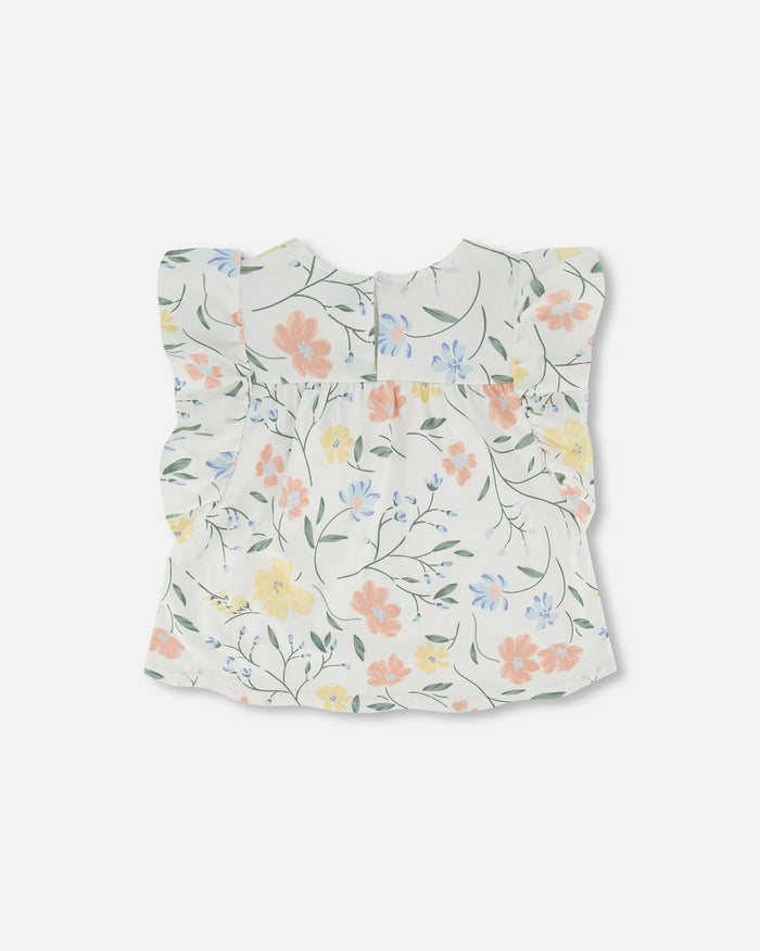 Deux Par Deux Jersey Top With Frill Sleeves - Printed Off White Flowers