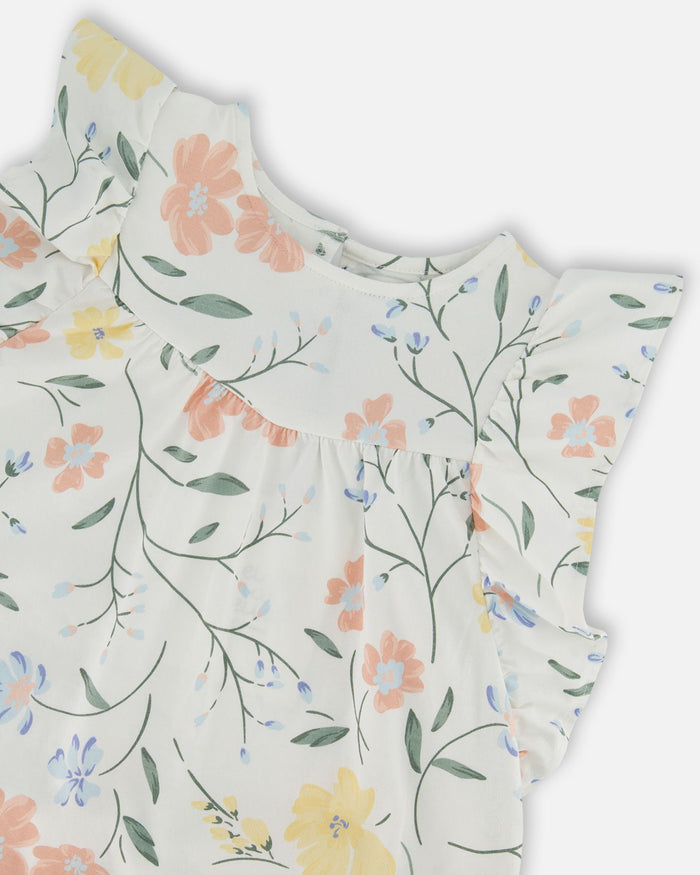 Deux Par Deux Jersey Top With Frill Sleeves - Printed Off White Flowers