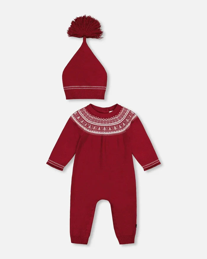 Deux Par Deux Knitted Icelandic One Piece And Hat Set - Rumba Red Burgundy