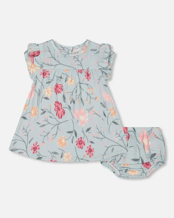 Deux Par Deux Muslin Dress And Bloomers Set Light Blue - Printed Big Flowers