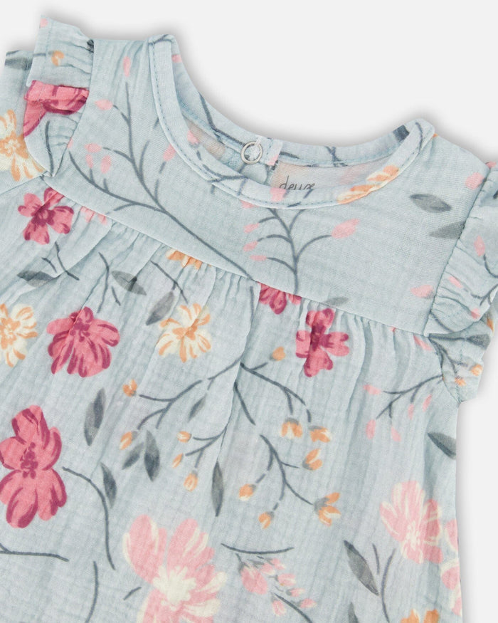 Deux Par Deux Muslin Dress And Bloomers Set Light Blue - Printed Big Flowers