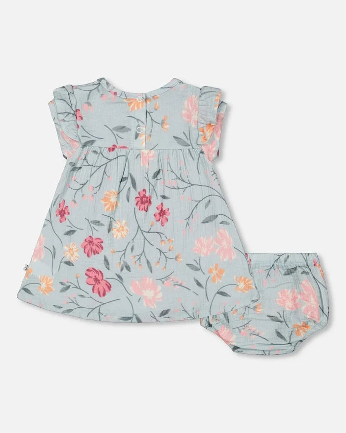 Deux Par Deux Muslin Dress And Bloomers Set Light Blue - Printed Big Flowers