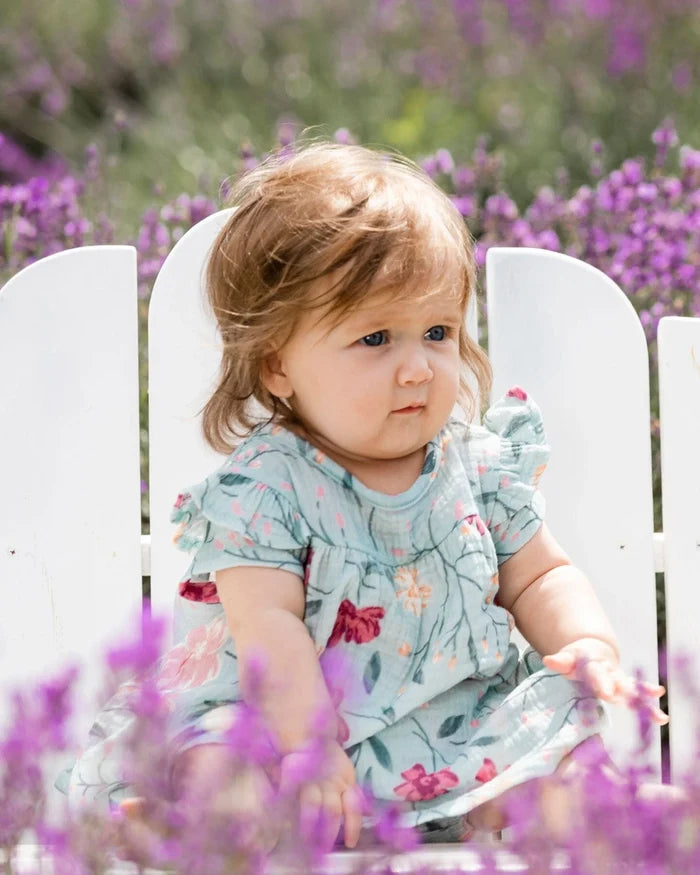Deux Par Deux Muslin Dress And Bloomers Set Light Blue - Printed Big Flowers