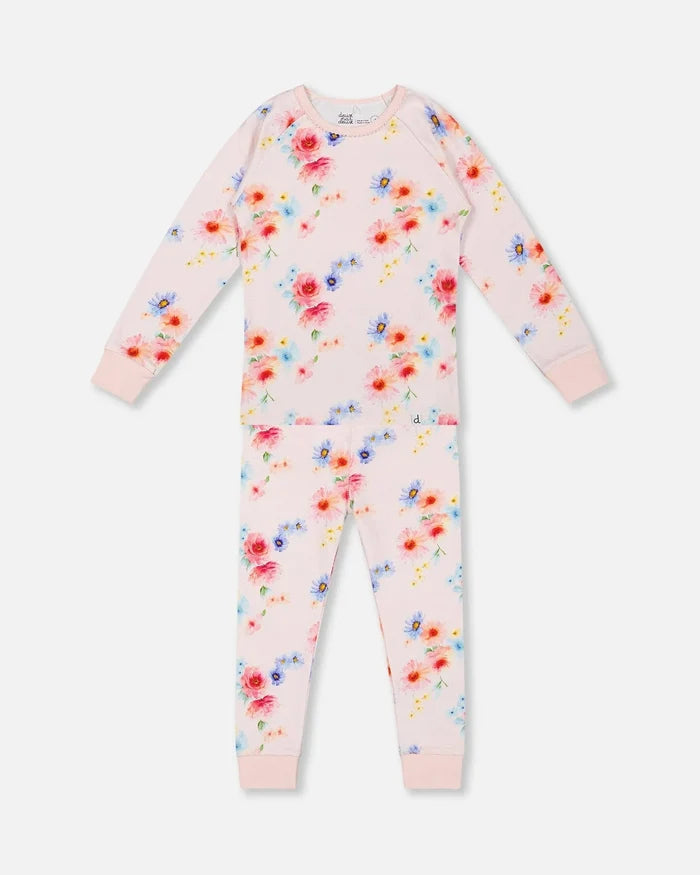 Deux Par Deux Organic Cotton Long Sleeve Two Piece Pajama Set - Printed Bouquet of Flowers