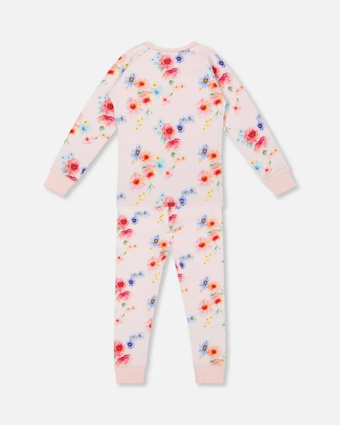 Deux Par Deux Organic Cotton Long Sleeve Two Piece Pajama Set - Printed Bouquet of Flowers