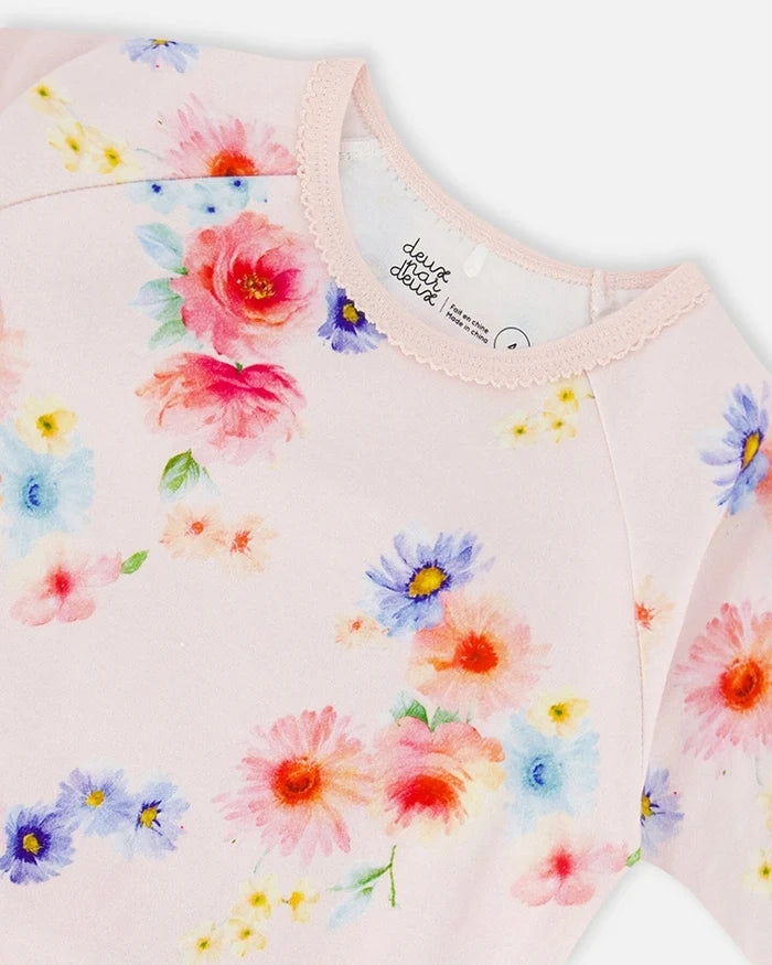 Deux Par Deux Organic Cotton Long Sleeve Two Piece Pajama Set - Printed Bouquet of Flowers
