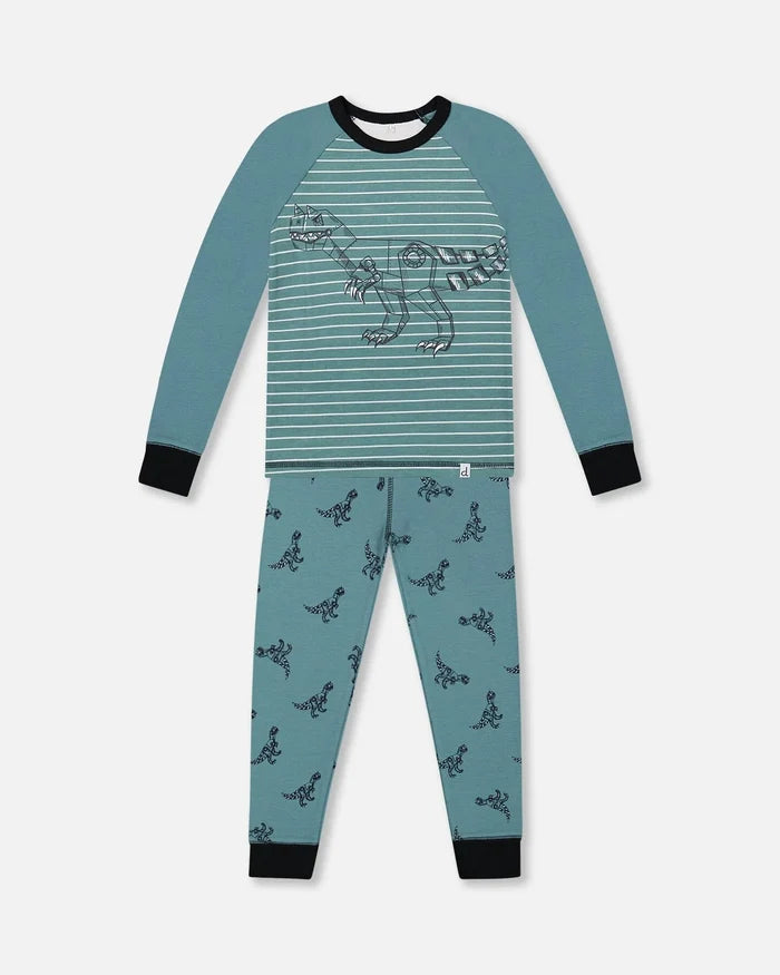 Deux Par Deux Organic Cotton Long Sleeve Two Piece Pajama Set - Printed Mechanical Dinosaur
