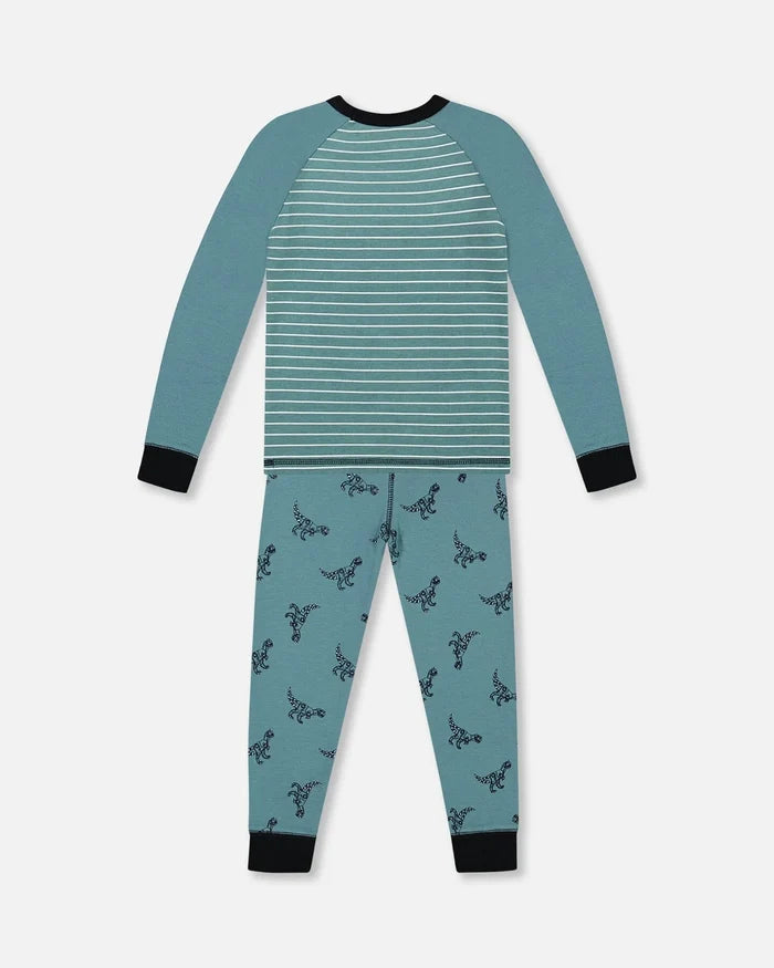Deux Par Deux Organic Cotton Long Sleeve Two Piece Pajama Set - Printed Mechanical Dinosaur