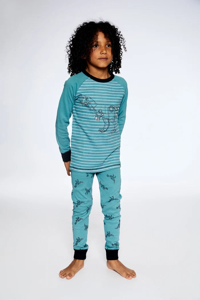 Deux Par Deux Organic Cotton Long Sleeve Two Piece Pajama Set - Printed Mechanical Dinosaur