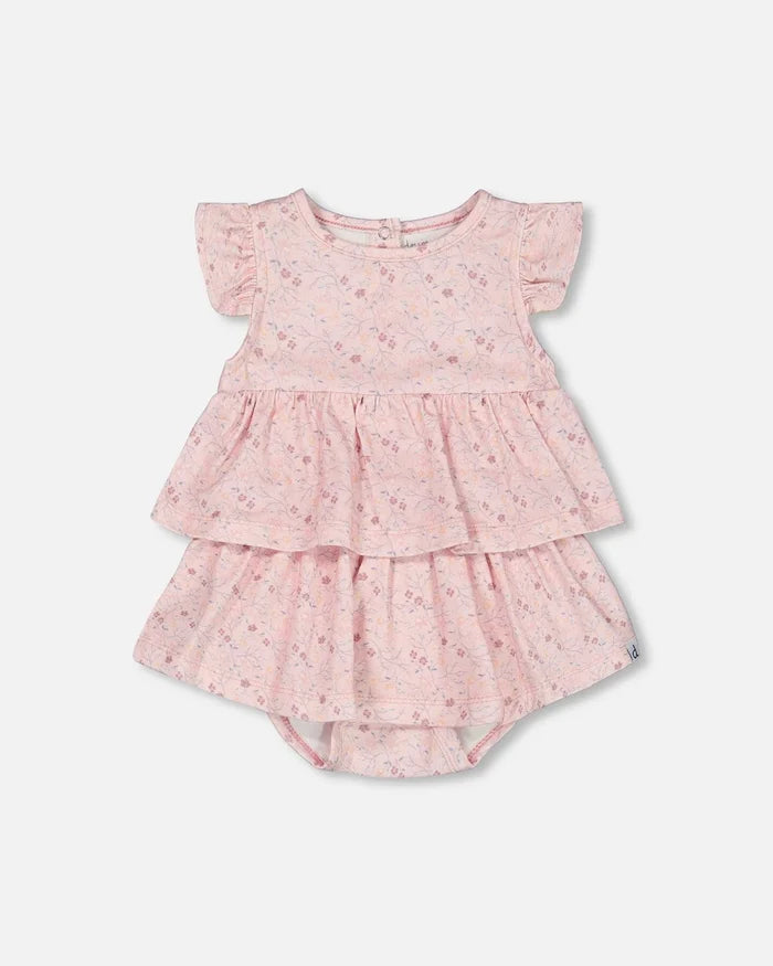 Deux Par Deux Organic Cotton Printed Bodysuit Dress  - Pink Little Flower