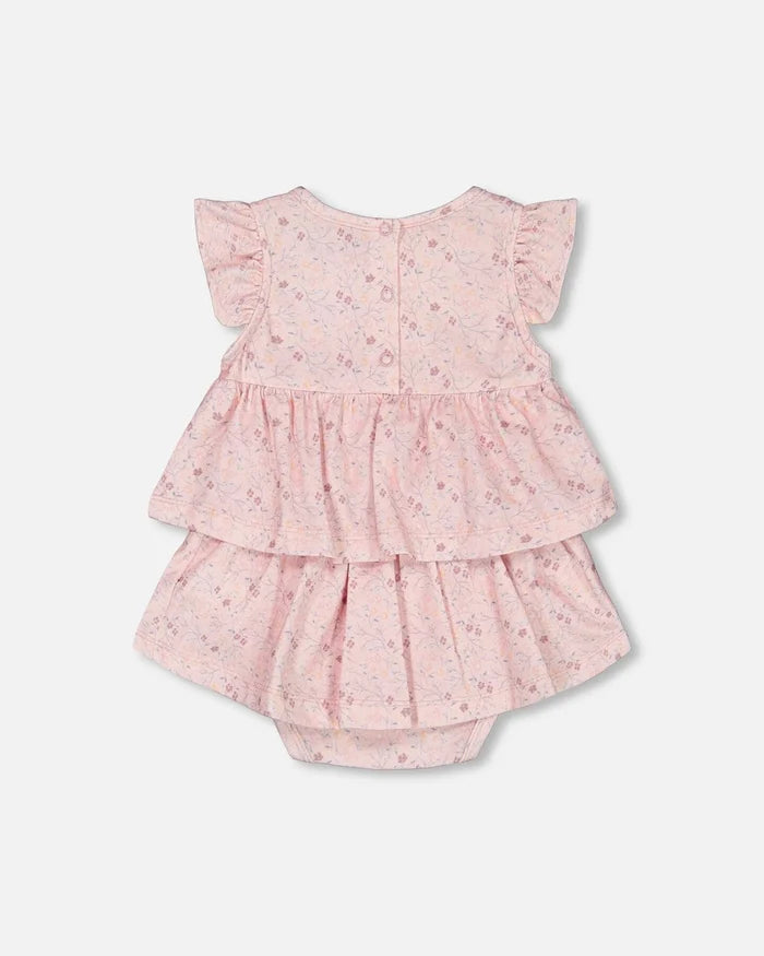 Deux Par Deux Organic Cotton Printed Bodysuit Dress  - Pink Little Flower